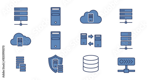 A collection of blue, stylized server icons on a white background. Depicting server racks, cloud computing, data transfer, and database concepts