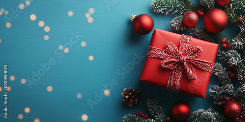 Merry Christmas and Happy Holidays greeting card, frame, banner. New Year. Red Christmas decorations, gift box, present on bokeh blue background top view. Winter xmas festive celebration theme.