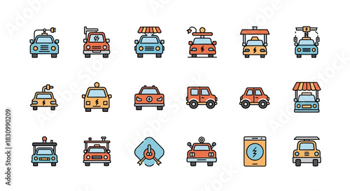 A collection of 18 colorful, stylized illustrations of vehicles, primarily cars, in various designs and charging configurations, hinting at an electric or alternative fuel focus