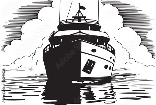 A Majestic Vintage Ship Sails Across Calm Waters Under a Dramatic Sky in this Striking Black and White Illustration