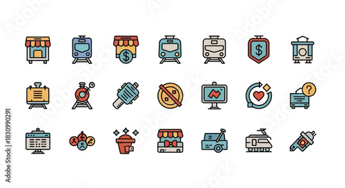 Colorful, stylized icons representing various concepts, objects and processes like trains, market stalls, and graphic displays with symbolic representations