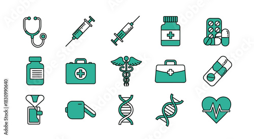 A collection of teal and white medical icons displayed on a white background. These include stethoscopes, syringes, pills, medicine bottles, first aid kits, caduceus, DNA strands, and heart symbols