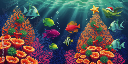 Colorful underwater Christmas coral reef with tropical fish, sea turtle in Santa hat, festive marine holiday illustration background