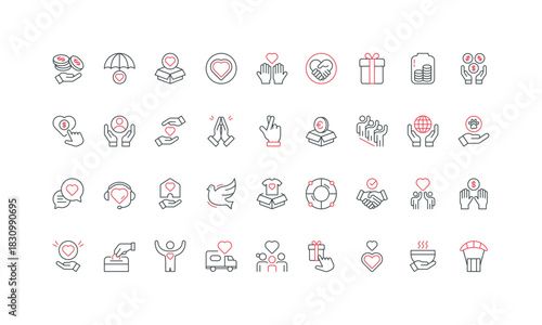 Charity, humanitarian support, donation and help of sponsors, volunteers line icon set. Nonprofit foundation and unity, compassion and care gift thin black and red outline symbols vector illustration