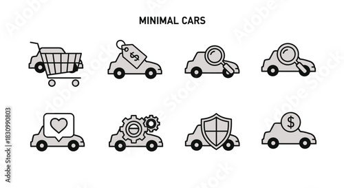 A set of eight minimalist car illustrations featuring icons such as a shopping cart, price tag, magnifying glass, heart, gears, shield, and dollar symbol