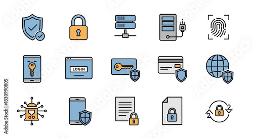 A collection of simple, colorful icons representing digital security and data protection concepts, including padlocks, shields, server racks, and network symbols