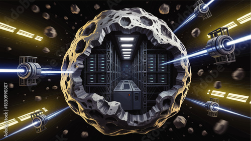 Futuristic asteroid data center in deep space with laser powered servers, sci fi starship drones and cosmic technology corridor