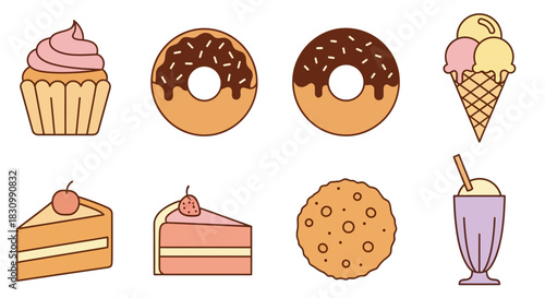 A colorful assortment of sweet treats including a cupcake, donuts, ice cream, cake slices, a cookie, and a milkshake. Each illustrated in a simple, flat design style