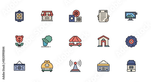 A collection of colorful, flat vector icons depicting various objects and concepts, ranging from technology and retail to nature and entertainment, arranged in a grid formation