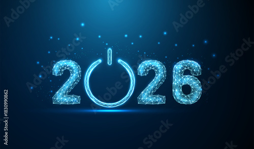 Number 2026 with a blue power button. Digital technology, innovation, startup, energy activation, ai, new beginning, start of new technological era concept.