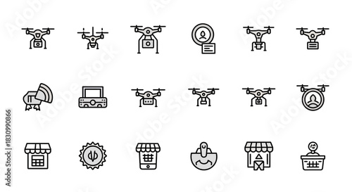 A collection of line icons featuring drones, shop fronts, and abstract symbols, rendered in a simple, flat design style. The icons are mostly black outlines with some colored fills