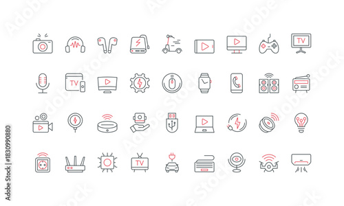 Tech gadgets and equipment, headphones and speakers, smartphone, laptop line icon set. Robot vacuum cleaner, drone and action camera, smart plug thin black and red outline symbols vector illustration