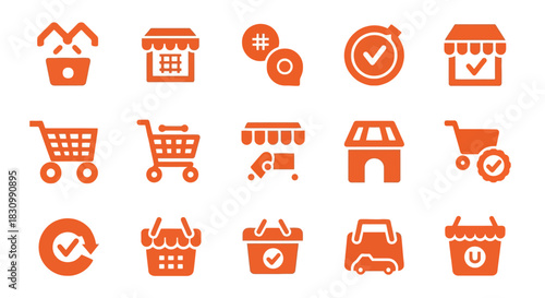 A collection of simple, orange icons related to shopping, retail, and commerce, including carts, baskets, shops, and checkmarks, displayed on a white background