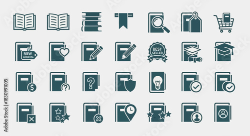 A collection of teal-colored book icons in a grid, each with different symbols representing various aspects like education, shopping, and data