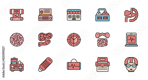 A collection of vibrant, flat-style icons featuring medical equipment, anatomical structures, a calendar, and a person in swim gear, along with additional office-related objects