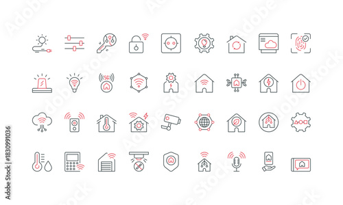 Smart home and Internet of Things, settings management and voice control with mobile app, central hub line icon set. Smart plug and bulb, speaker thin black and red outline symbols vector illustration