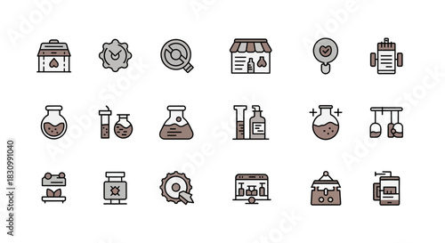 A set of 15 minimalistic, flat-style icons showcasing various scientific and medicinal items. Included are flasks, beakers, shopfronts, and other related concepts