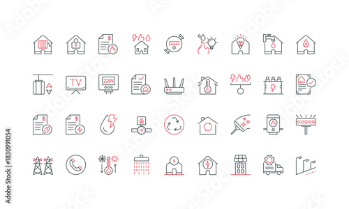 Public utilities contract for electric energy and gas, water supply, repair and maintenance services line icon set. Electricity meter, heater thin black and red outline symbols vector illustration