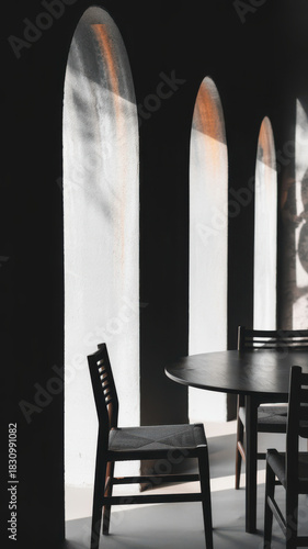 Intimate dining space with elegant design, sunlight streams through arched openings, creating an inviting atmosphere for sophisticated gatherings and design publications