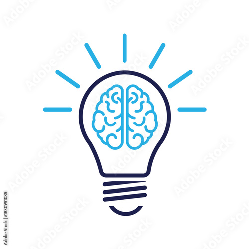Bright idea concept with a stylized human brain inside a glowing light bulb, symbolizing intelligence, creativity, and innovation