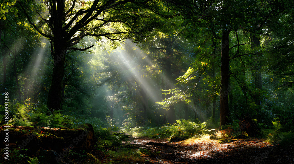 Obraz premium Gentle sunlight filtering through leaves creating calm and introspective forest mood 