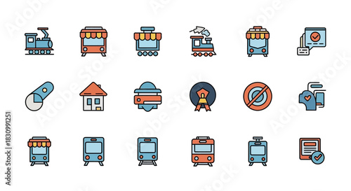 A collection of 15 colorful icons, featuring various modes of transport such as trains and trams. Other icons depict home, badge, no entry, and mobile interactions