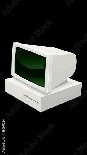 Looping animation of a vintage 1980s/90s  3D desktop computer. The screen displays a blinking DOS C:> prompt. Isolated on green screen with alpha channel. (Vertical)