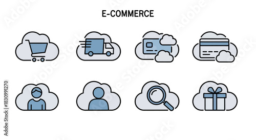 Eight cloud-shaped icons related to online shopping. Included shopping cart, delivery truck, credit cards, user profile, magnifier, and gift, all in a flat design