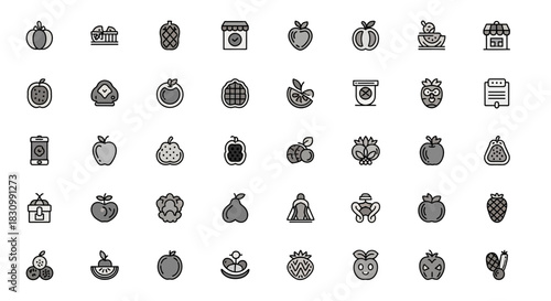 A collection of fruit icons in a gray-scale, outline style. Includes various types, store, and related items. Ideal for digital interface design or educational material
