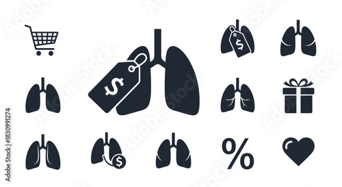 A collection of black and white icons representing lungs alongside shopping cart, gift, percentage and heart. Some lungs have price tags. The icons are simple and flat-designed