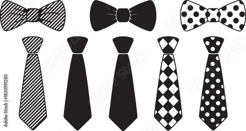 A stylish collection of black and white illustrated neckties and bow ties featuring diverse patterns for formal occasions and elegant fashion accessories