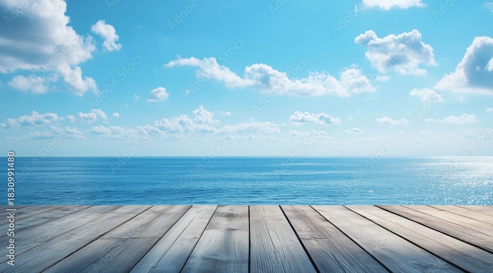 Fototapeta premium Wide View of Calm Ocean Under Clear Sky With Scattered Clouds and Wooden Deck in Foreground