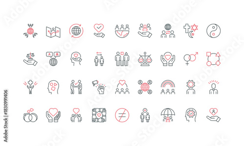 Diversity, society support for diverse group of different people, equity, responsibility line icon set. Collaboration and unity of community thin black and red outline symbols vector illustration