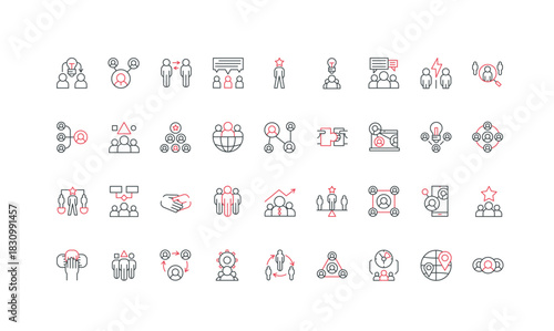 Business teamwork icons collection showing communication, leadership, partnership, and group management concepts for office, HR, and project planning isolated on white background vector illustration