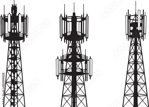 Black and white vector illustration featuring three unique telecommunication towers, showcasing modern wireless network infrastructure designs