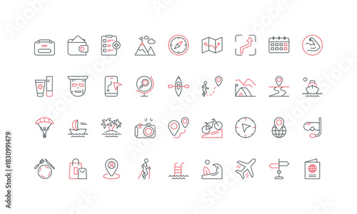 Adventure in travel, beach vacation and tourism, food and shopping, walking route line icon set. Wildlife park and city exploration, trip distance thin black and red outline symbol vector illustration