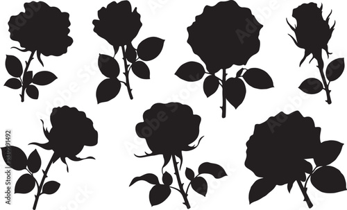 A collection of seven beautiful black rose silhouettes with stems and leaves, isolated on a white background for design elements