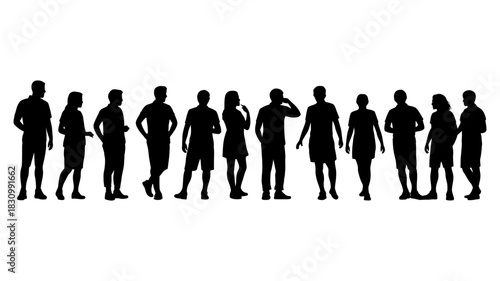 Diverse group of people silhouettes standing in a line, isolated on white, representing community, teamwork, and human connection in modern society.