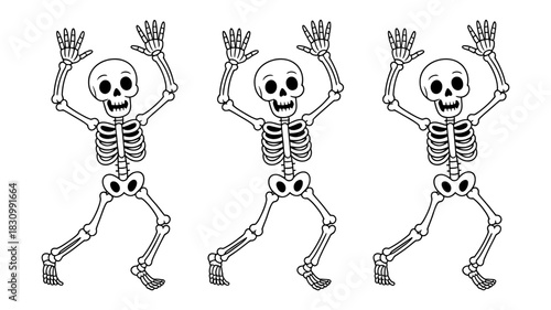 Three cartoon skeletons dancing and having fun, isolated on white, perfect for halloween and spooky themes, conveying joy and playful energy.