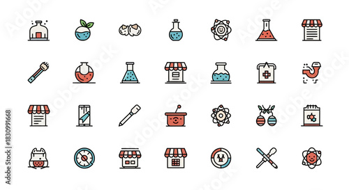 A collection of 30 colorful, simple, cartoon icons on a white background. Icons include science flasks, atoms, medical symbols, tools, stores, food items, and more, all with thick black outlines