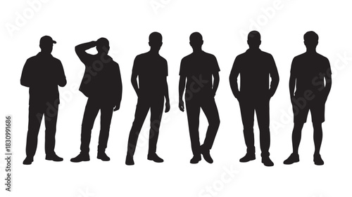 Diverse group of men silhouettes standing in various casual poses, isolated on a white background, representing modern male fashion and lifestyle concepts.