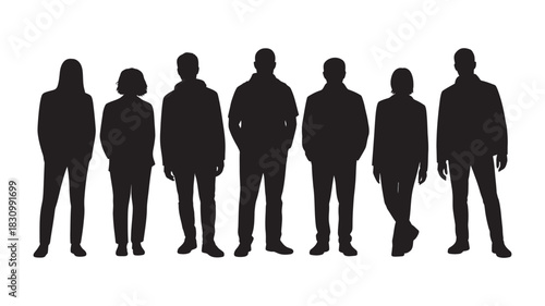 Diverse group of seven silhouetted people standing in a line, showcasing different heights, genders, and casual wear for concept use.