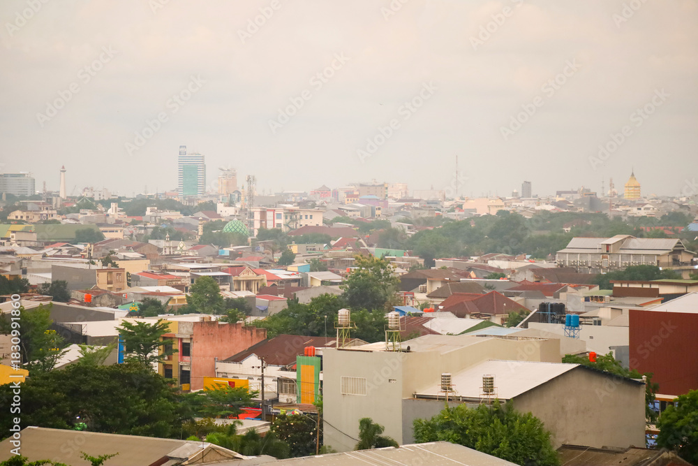 Obraz premium City panorama from above aerial skyline view of urban architecture, buildings, and the sea