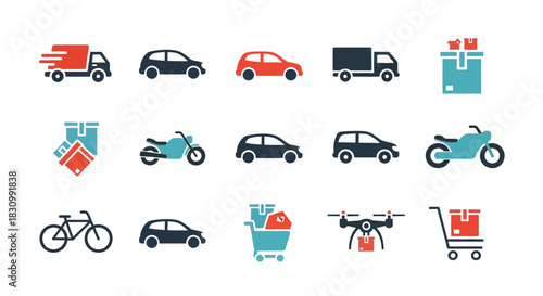 A collection of simple vehicle and delivery icons in a flat, modern style on a white background. They represent various modes of transportation and package handling