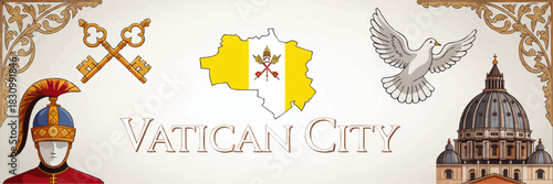 Vatican City vector illustration with Saint Peter Basilica dome, Swiss Guard, papal keys, dove of peace and Vatican map flag design