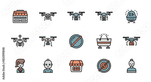 A collection of colorful, flat-style vector icons featuring drones, shopfronts, people, and symbols like "no entry". The icons are designed with a thick black outline