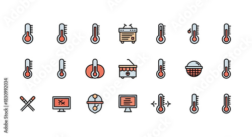 A set of colorful vector illustrations featuring various icons like thermometers, a basket, carts, a monitor, and molecular diagrams. The designs are simple, flat, and use outlines