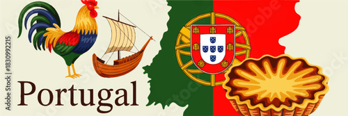 Colorful Portugal travel illustration with rooster of Barcelos, traditional ship, national flag map and pastel de nata dessert