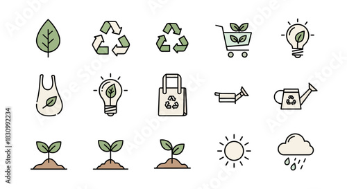 Vector icons depicting environmental themes, including leaves, recycling symbols, plants, a shopping cart, a bag, a watering can, sun, and rain