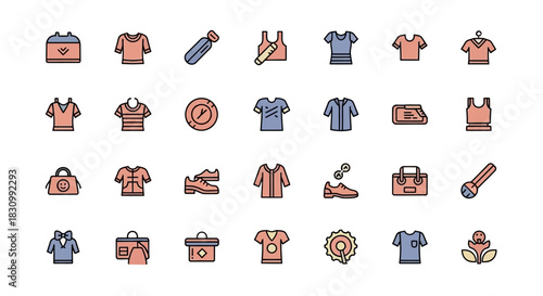 A collection of simple, colorful icons depicting various clothing items, accessories, and other objects. The set features a palette of pastels and clean lines, perfect for UI design